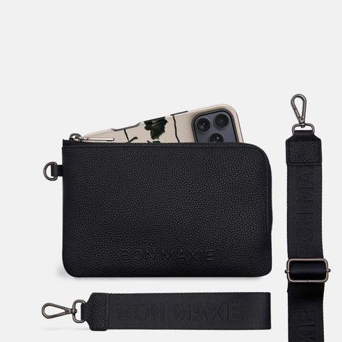 Crossbody Phone Wallet - Pebbled Leather - Black