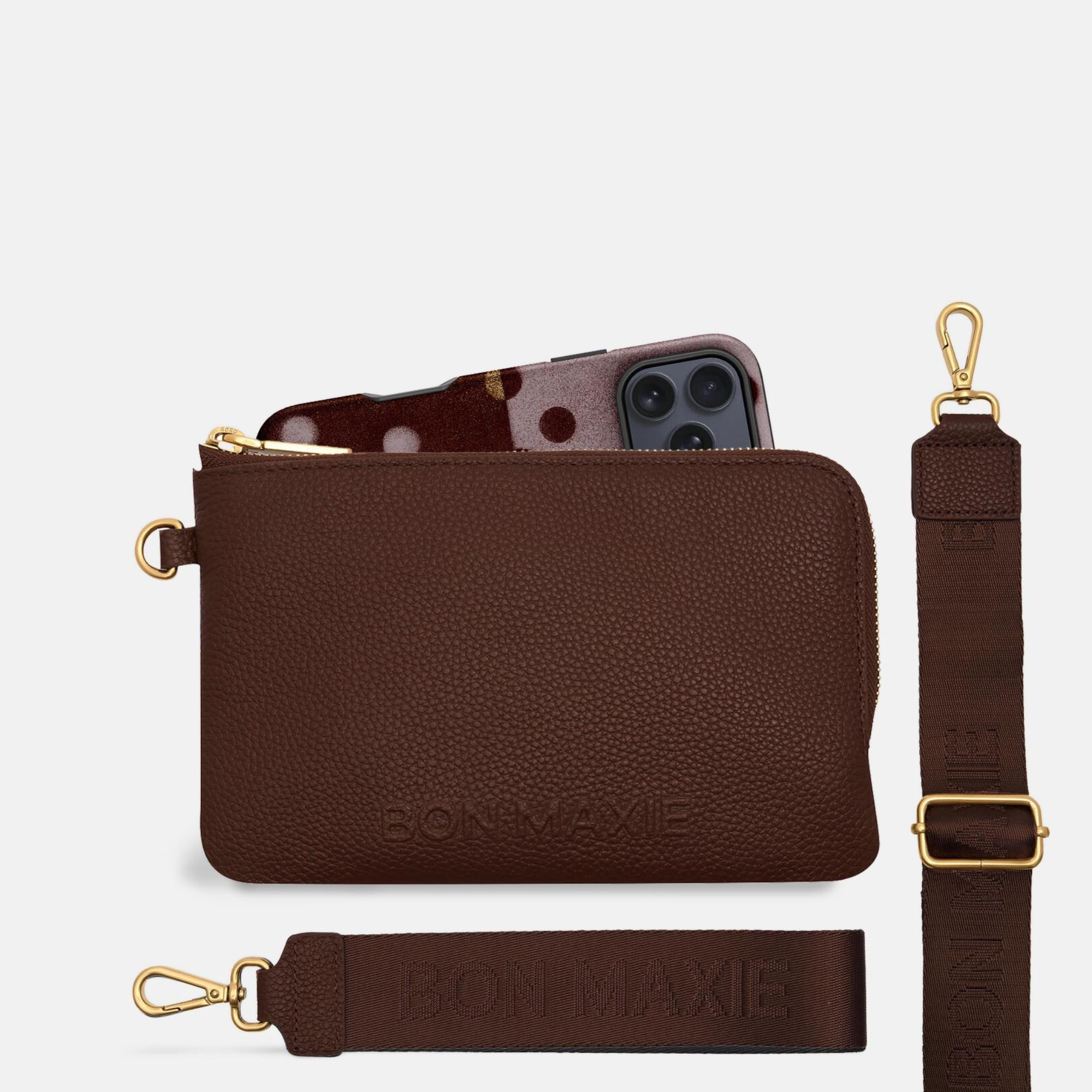 Crossbody Phone Wallet Pouch in pebbled leather, 2 straps - Chocolate