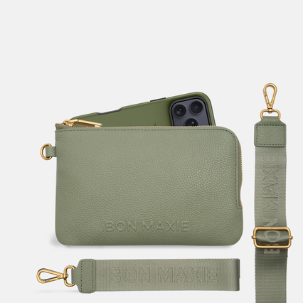 Crossbody Phone Wallet Pouch in pebbled leather, 2 straps  - Sage