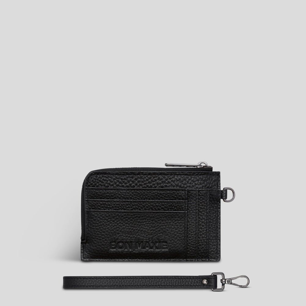Leather Mini Wallet, Black, Small Zip Compact Slim Wallet | BON MAXIE