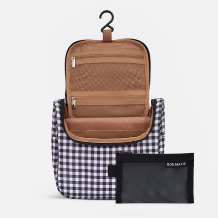 Hanging Toiletry Bag + Pouch Set with 15 pockets - Black Gingham