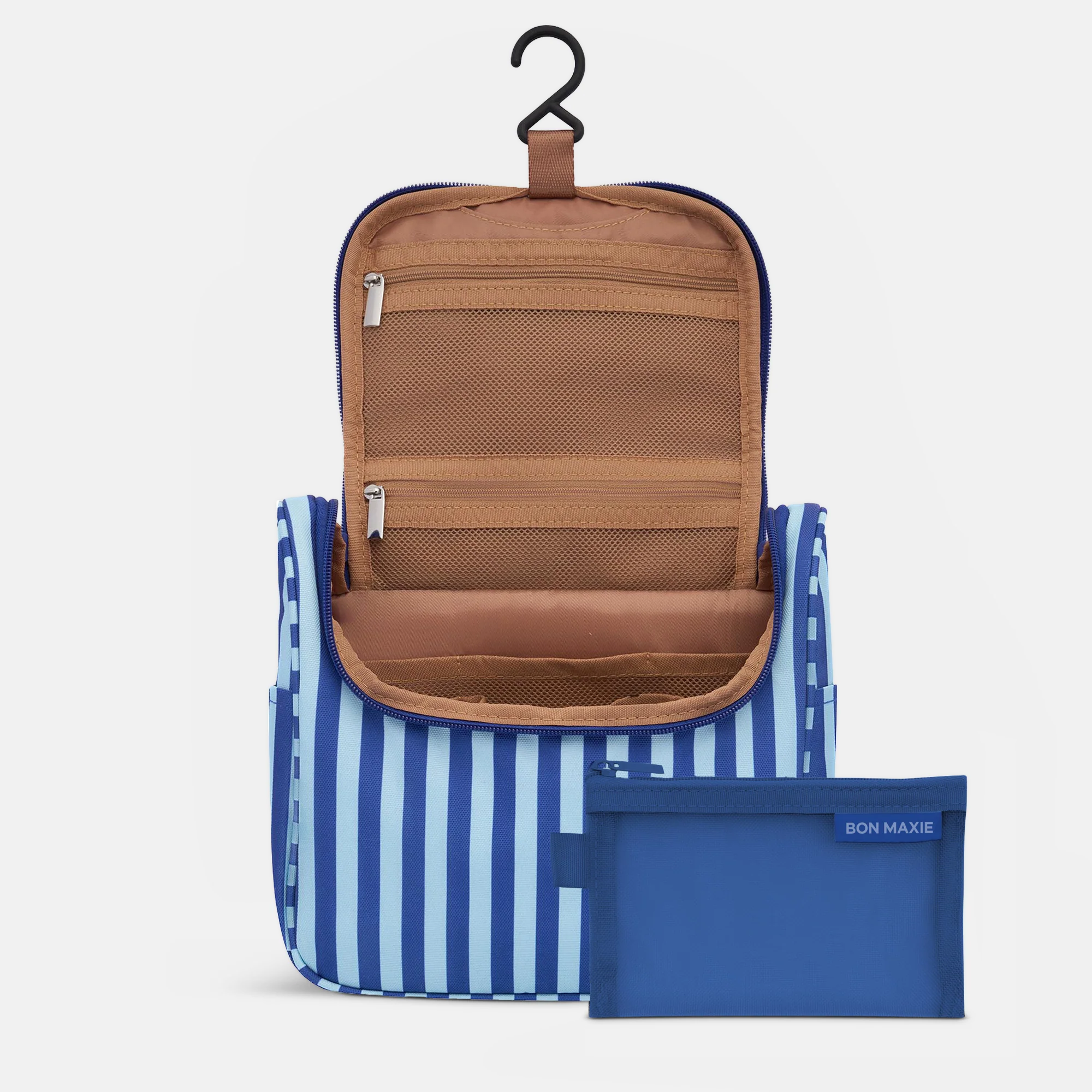 Load video: Hanging Toiletry Bag + Pouch Set with 15 pockets -- Blue Stripes
