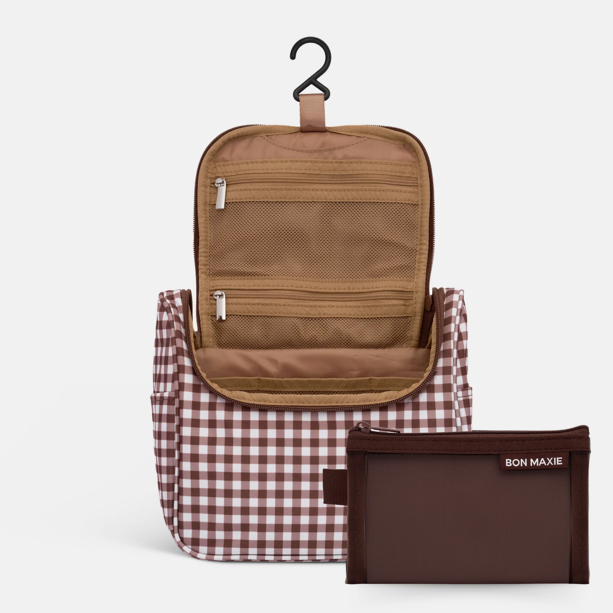 Load video: Hanging Toiletry Bag + Pouch Set with 15 pockets -- Choc Gingham