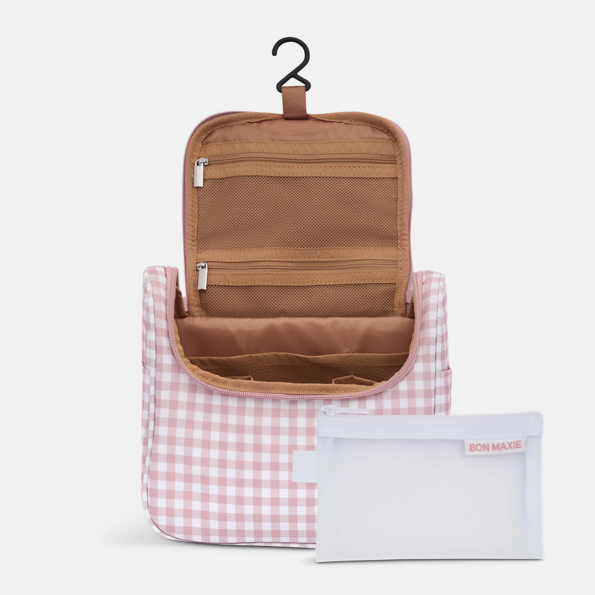 Load video: Hanging Toiletry Bag + Pouch Set with 15 pockets -- Milk Tea Gingham