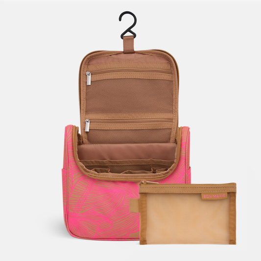 Hanging Toiletry Bag + Pouch Set with 15 pockets - Tan/Neon Pink Floral