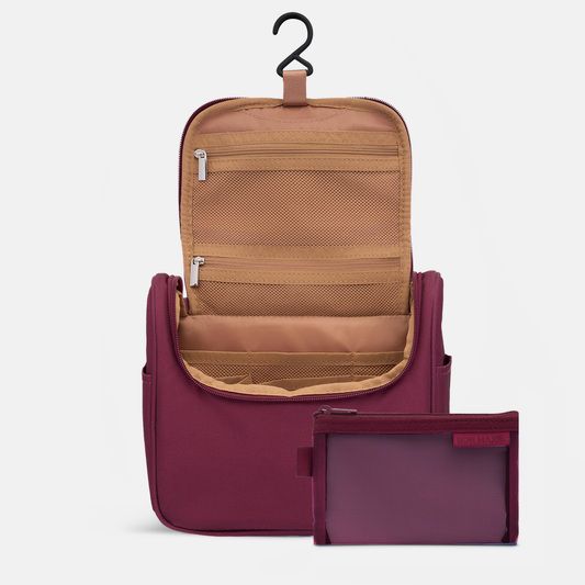 Hanging Toiletry Bag + Pouch Set with 15 pockets – Burgundy