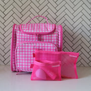 Mega Hanging Toiletry Bag + Day Pouch + Pouch Duo - Neon Pink Gingham