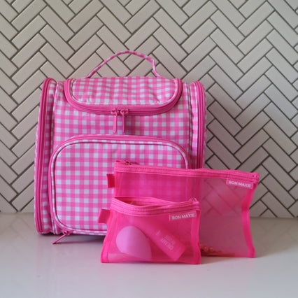 Mega Hanging Toiletry Bag + Day Pouch + Pouch Duo - Neon Pink Gingham
