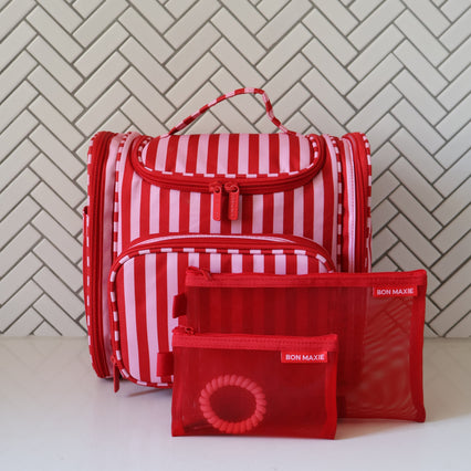 Mega Hanging Toiletry Bag + Day Pouch + Pouch Duo - Pink/Red Stripe
