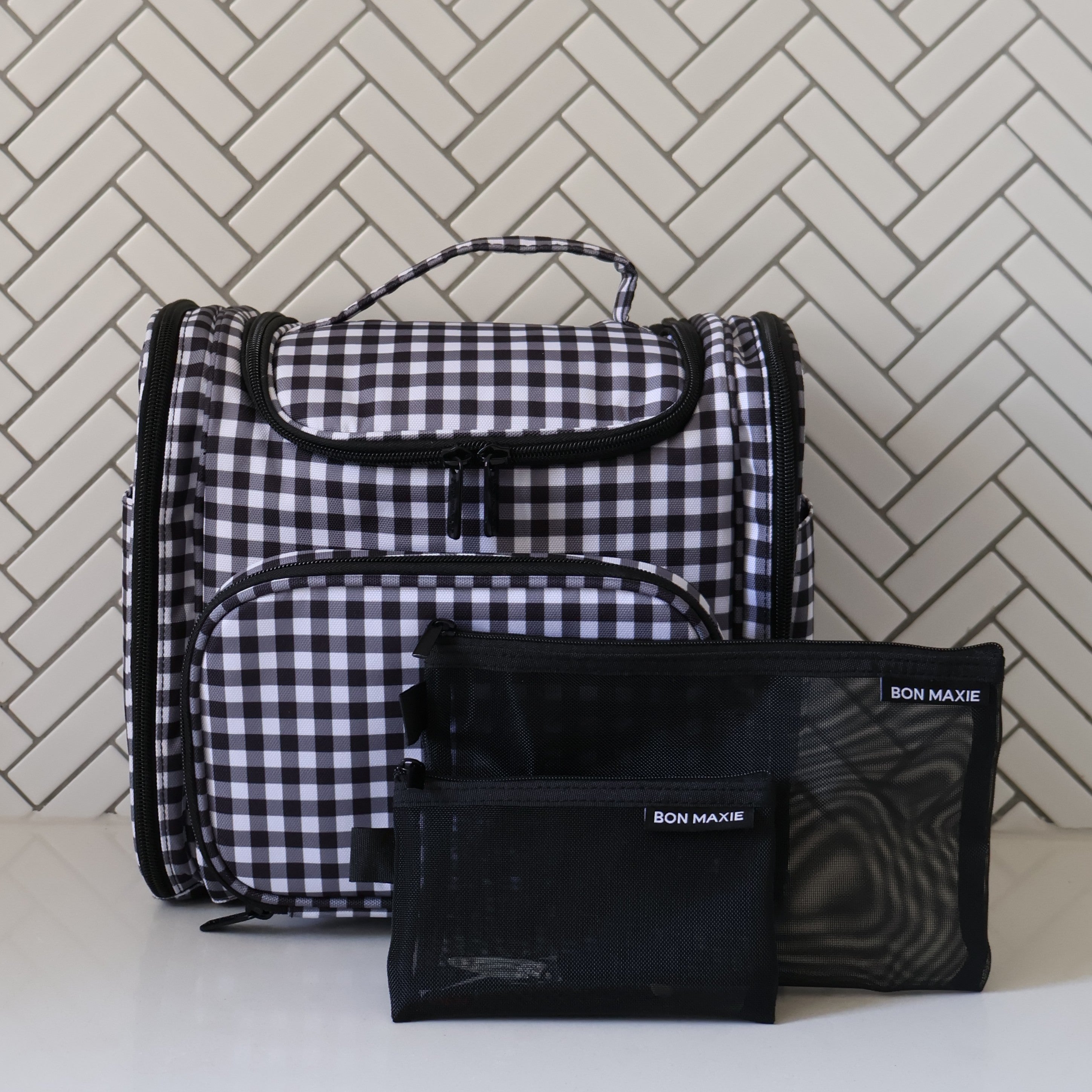 Mega Hanging Toiletry Bag + Day Pouch + Pouch Duo - Black Gingham