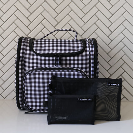 Mega Hanging Toiletry Bag + Day Pouch + Pouch Duo - Black Gingham