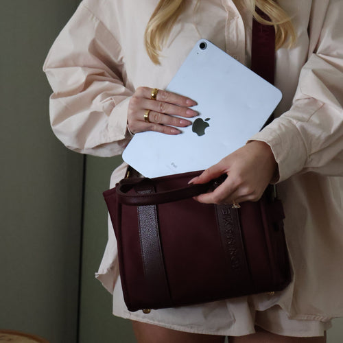 Mini Structured Tote Bag - Burgundy Leather/Nylon