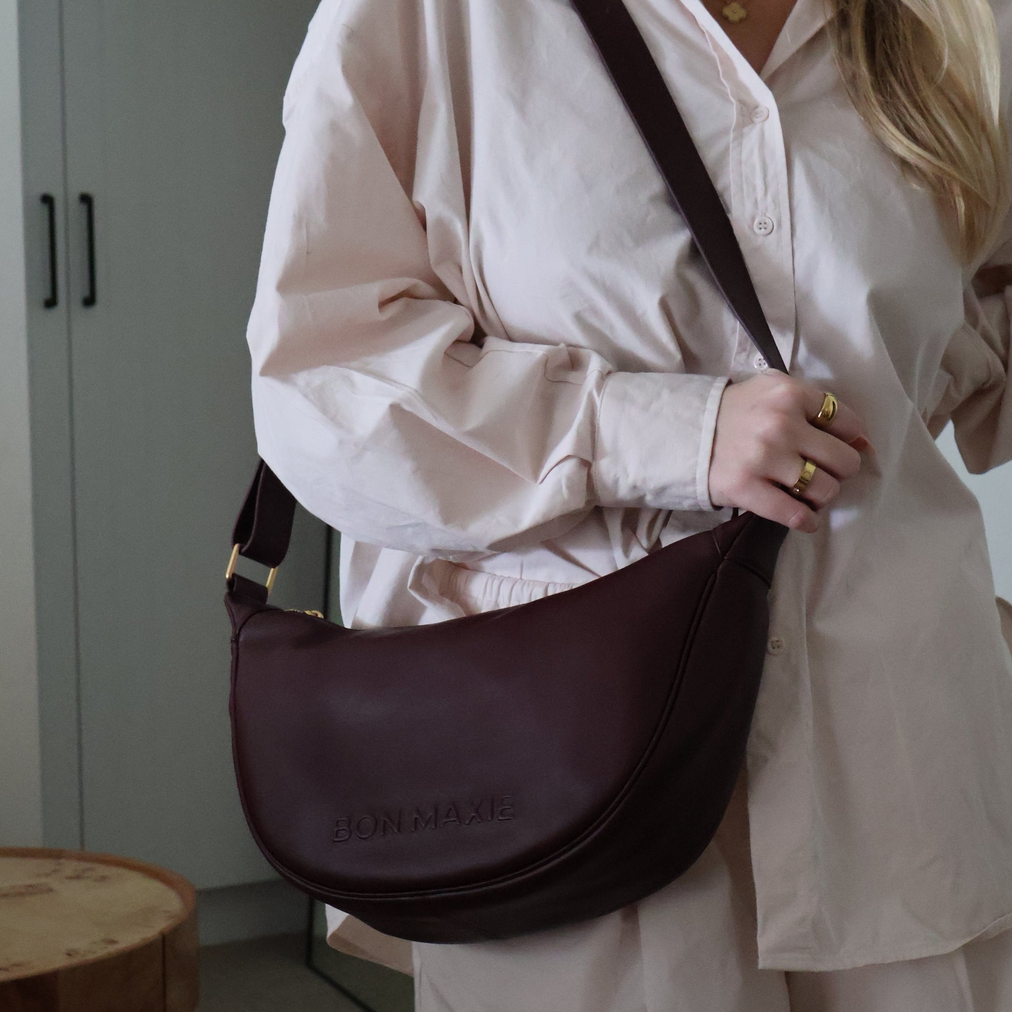 Slouchy Crescent Crossbody Bag -- Burgundy