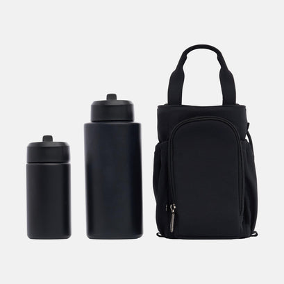 Black backpack and water bottles on a white background