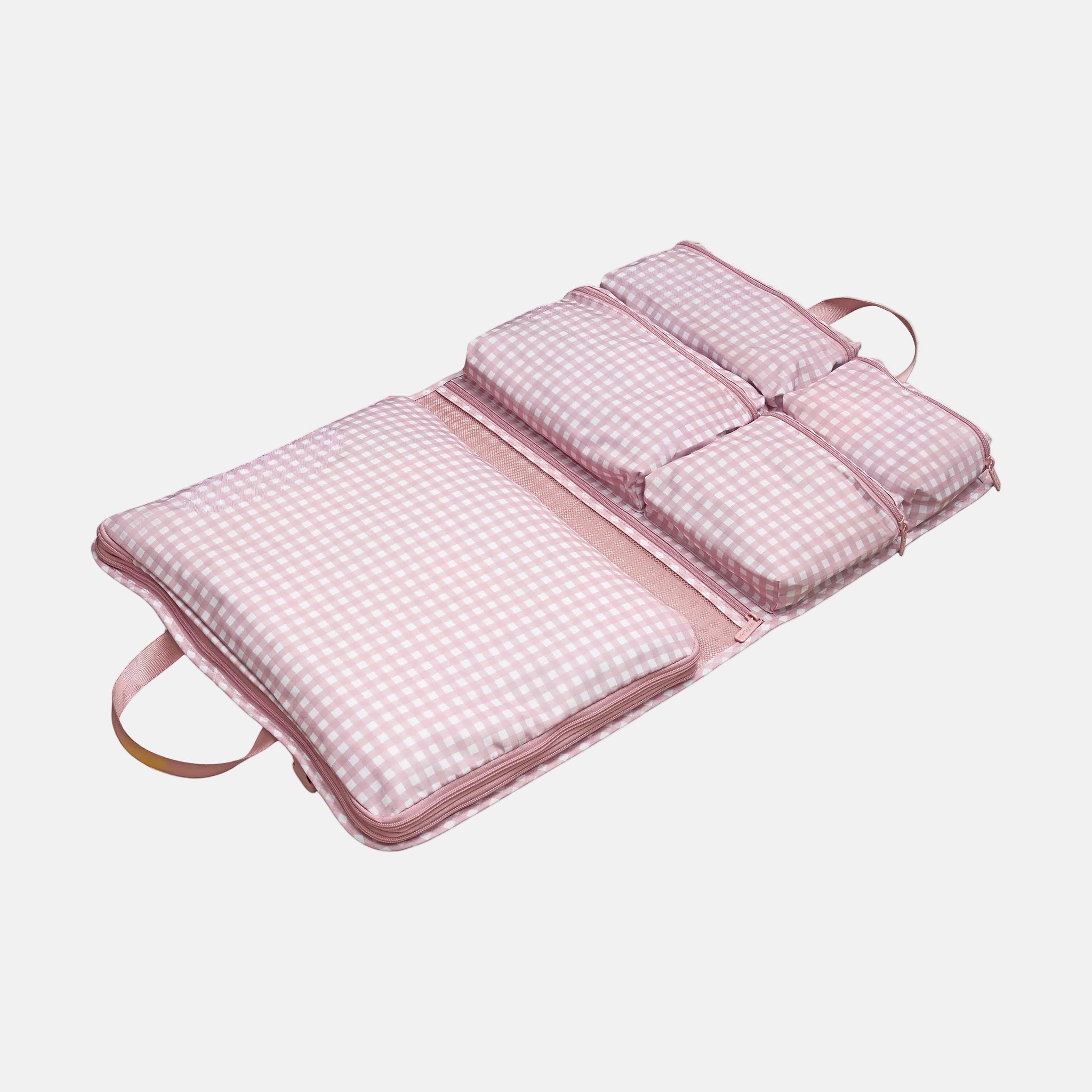 Multi-Pocket Hanging Packing Cube with compression - Milk Tea Gingham
