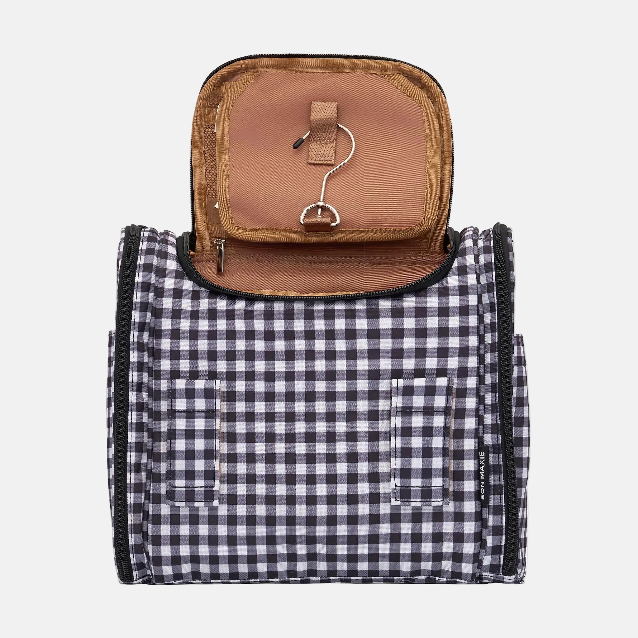 Mega Hanging Toiletry Bag with removable carry-on pouch + organisers - Black Gingham