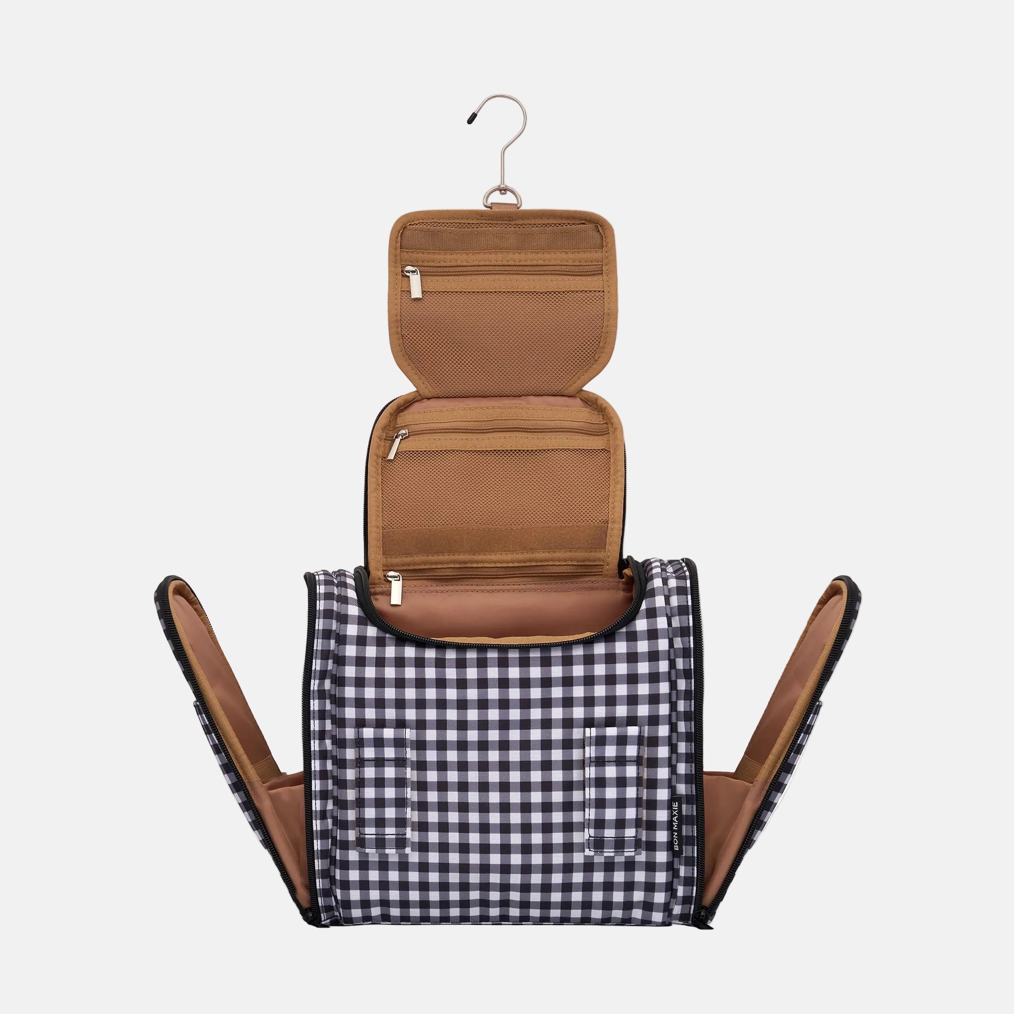 Mega Hanging Toiletry Bag with removable carry-on pouch + organisers - Black Gingham