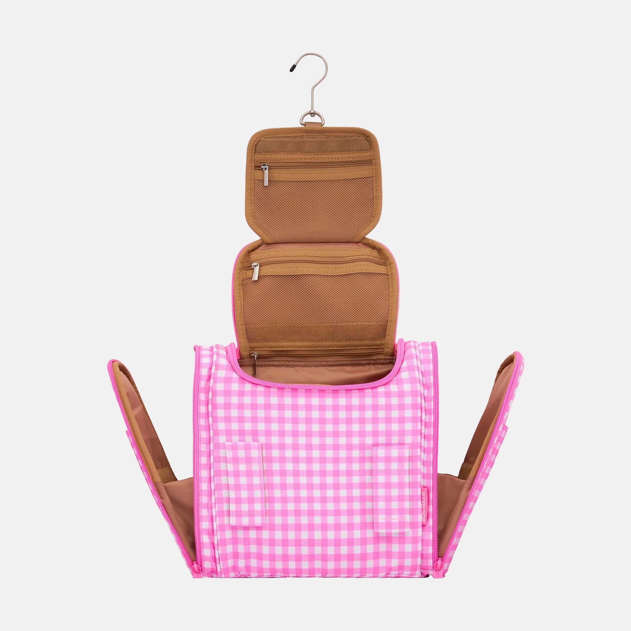 Mega Hanging Toiletry Bag with removable carry-on pouch + organisers - Neon Pink Gingham