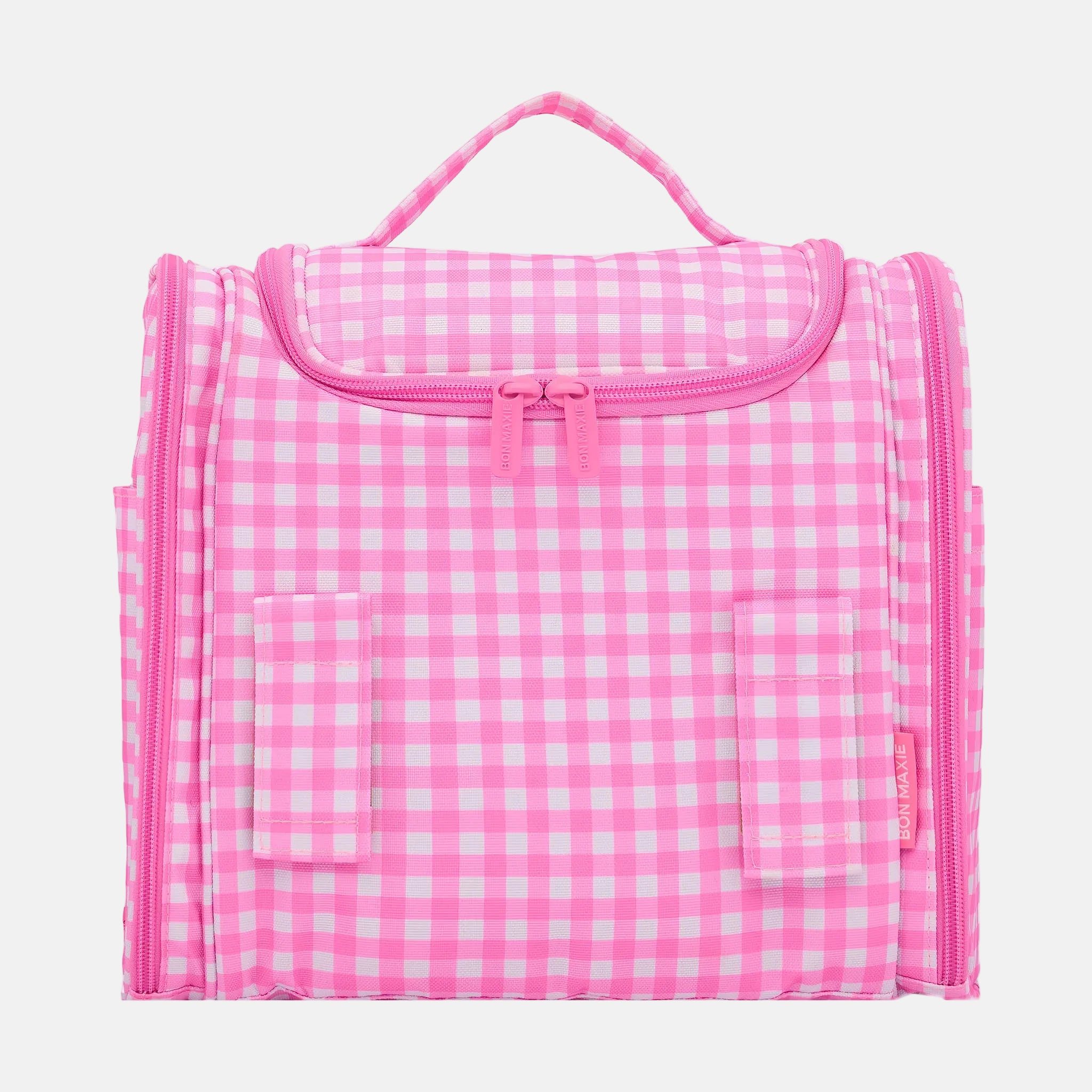 The Large Bon Voyage Travel Toiletry Bag + Detachable Pouch -- Neon Pink Gingham