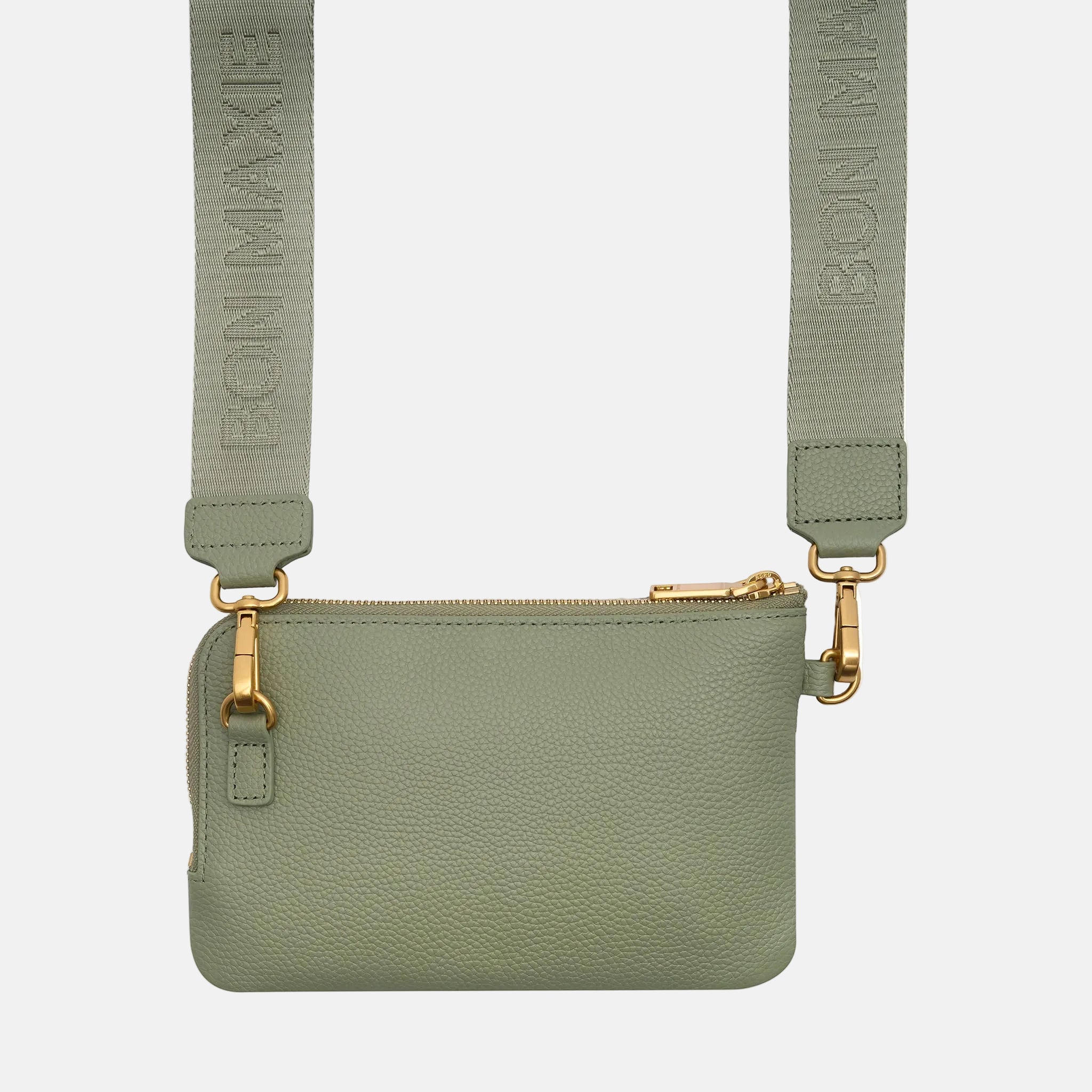 Crossbody Phone Wallet Pouch in pebbled leather, 2 straps  - Sage