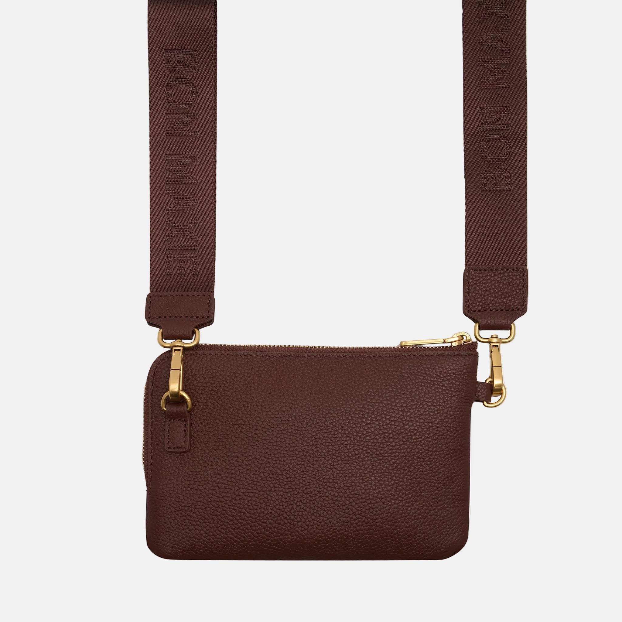 Crossbody Phone Wallet Pouch in pebbled leather, 2 straps - Chocolate