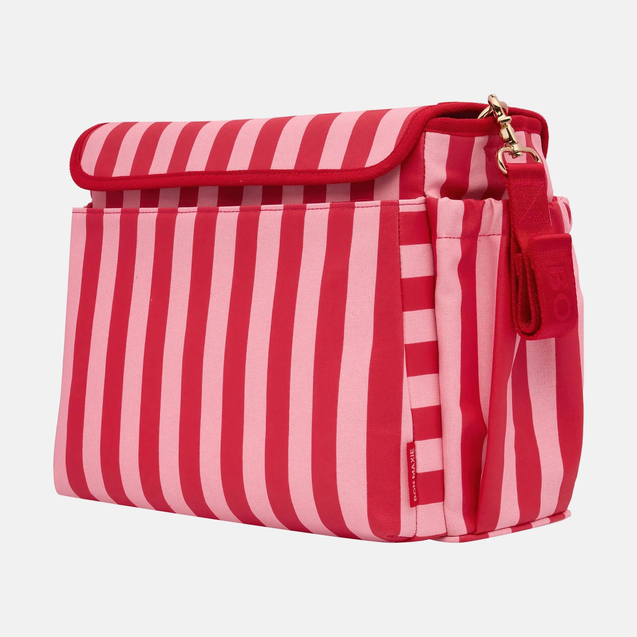 Pram Caddy Bag with pram + crossbody straps in coated canvas - Pink/Red Stripe