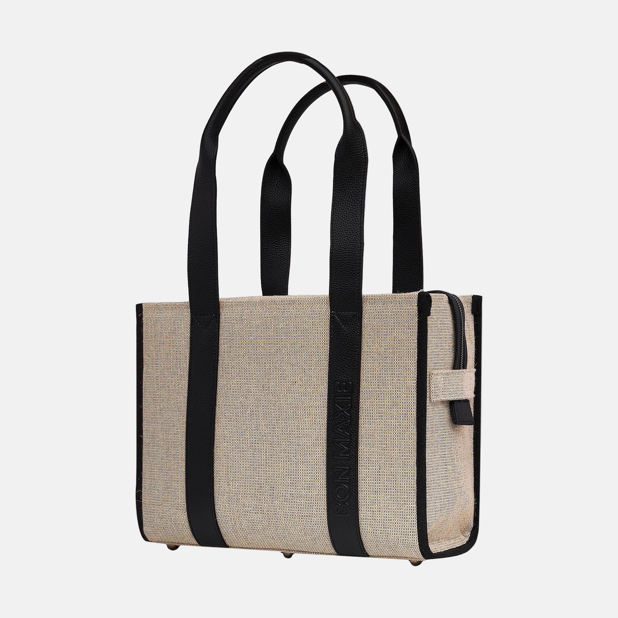 Small Structured Tote Bag in jute canvas with leather - Black