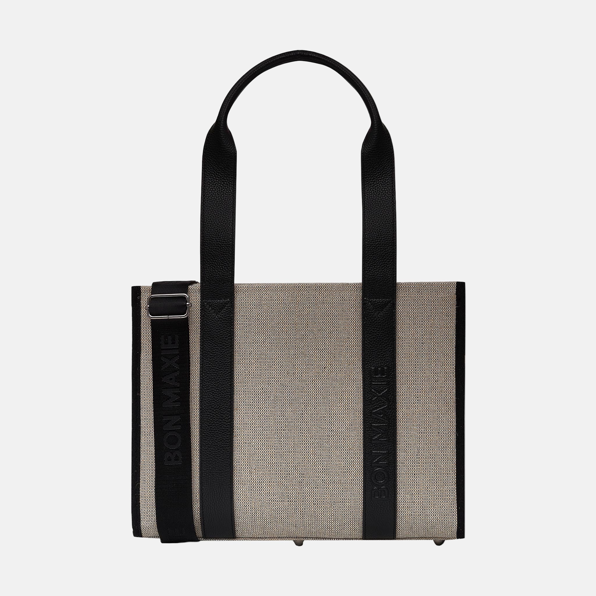 Small Structured Tote Bag in jute canvas with leather -- Black