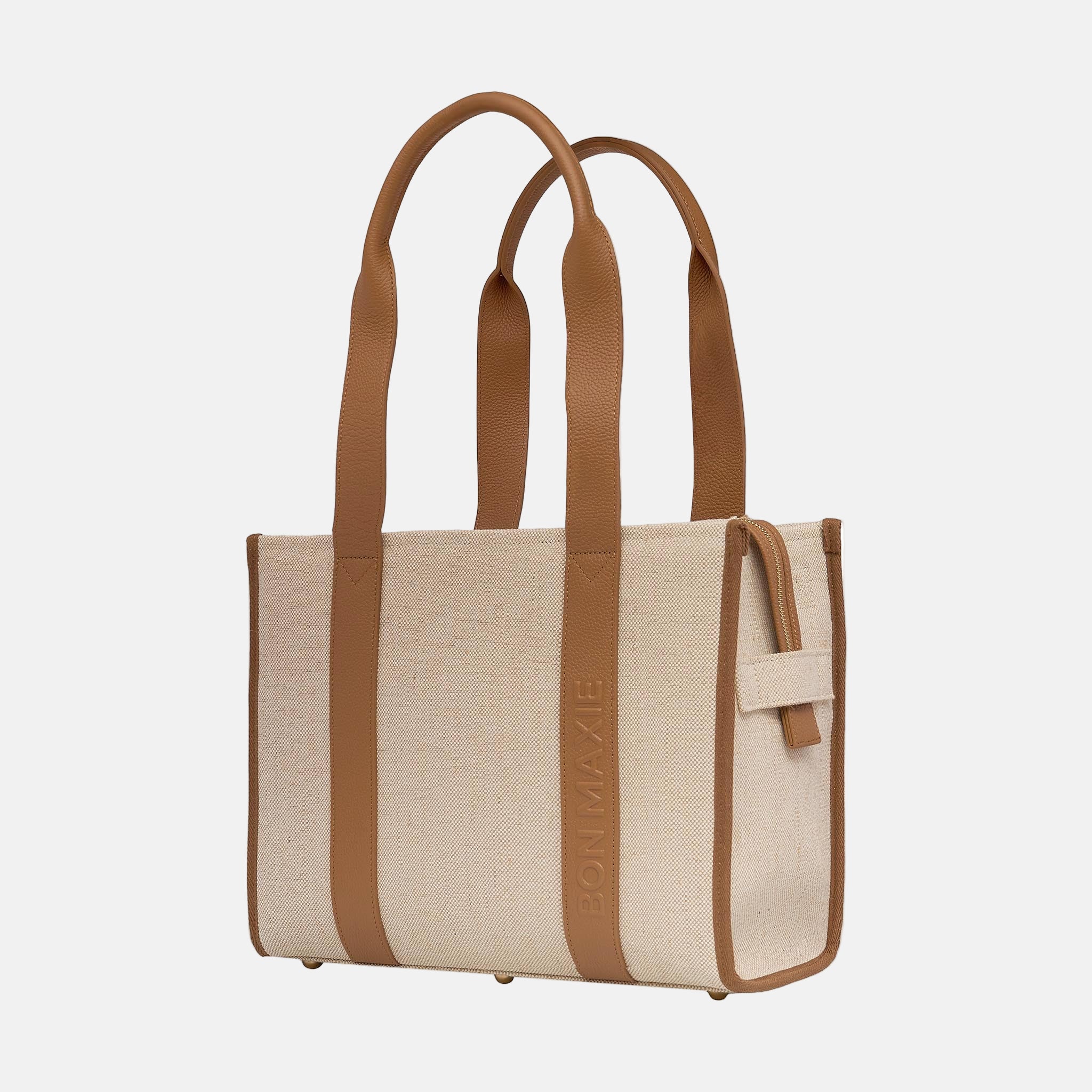Small Structured Tote Bag in jute canvas with leather -- Tan