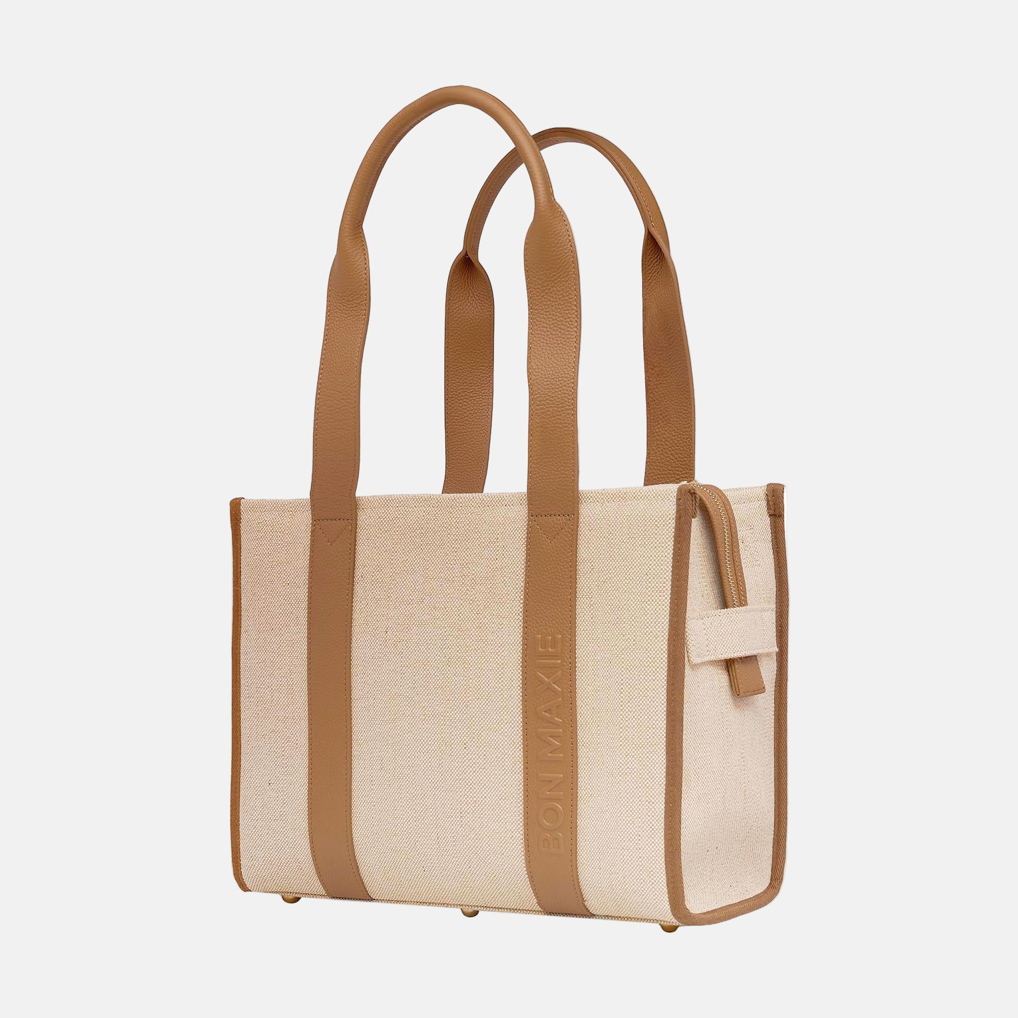 Small Structured Tote Bag in jute canvas with leather - Tan