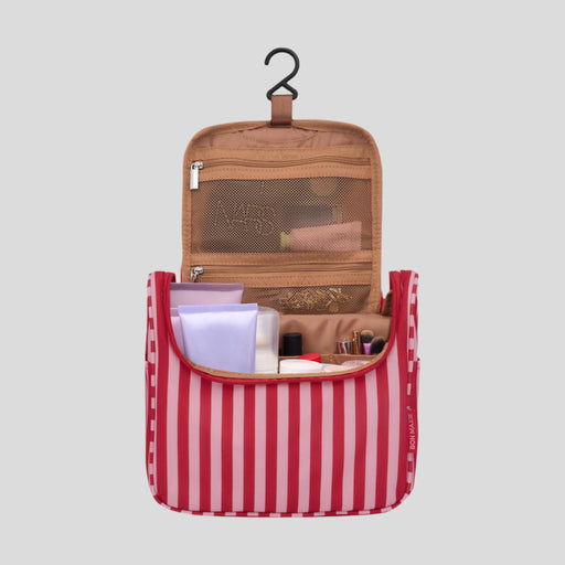 Hanging Toiletry Bag + Pouch Set with 15 pockets -- Pink/Red Stripe