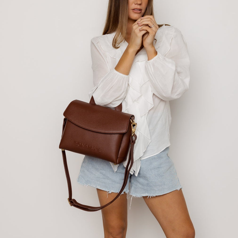 Tryhard Top Handle + Crossbody Bag - Pebbled Leather -- Chocolate