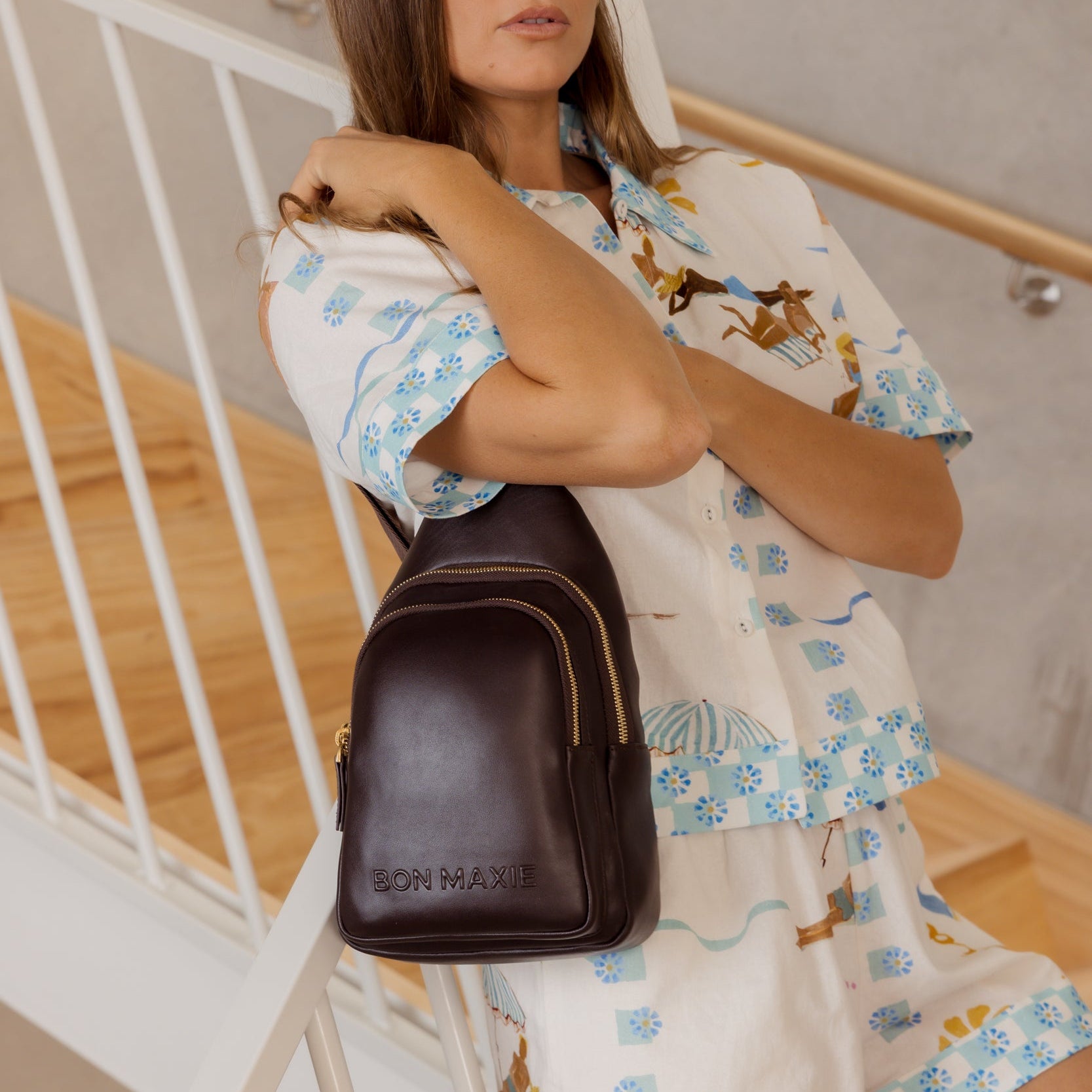 Multi-Wear Crossbody Sling Bag in smooth nappa leather - Dark Chocolate