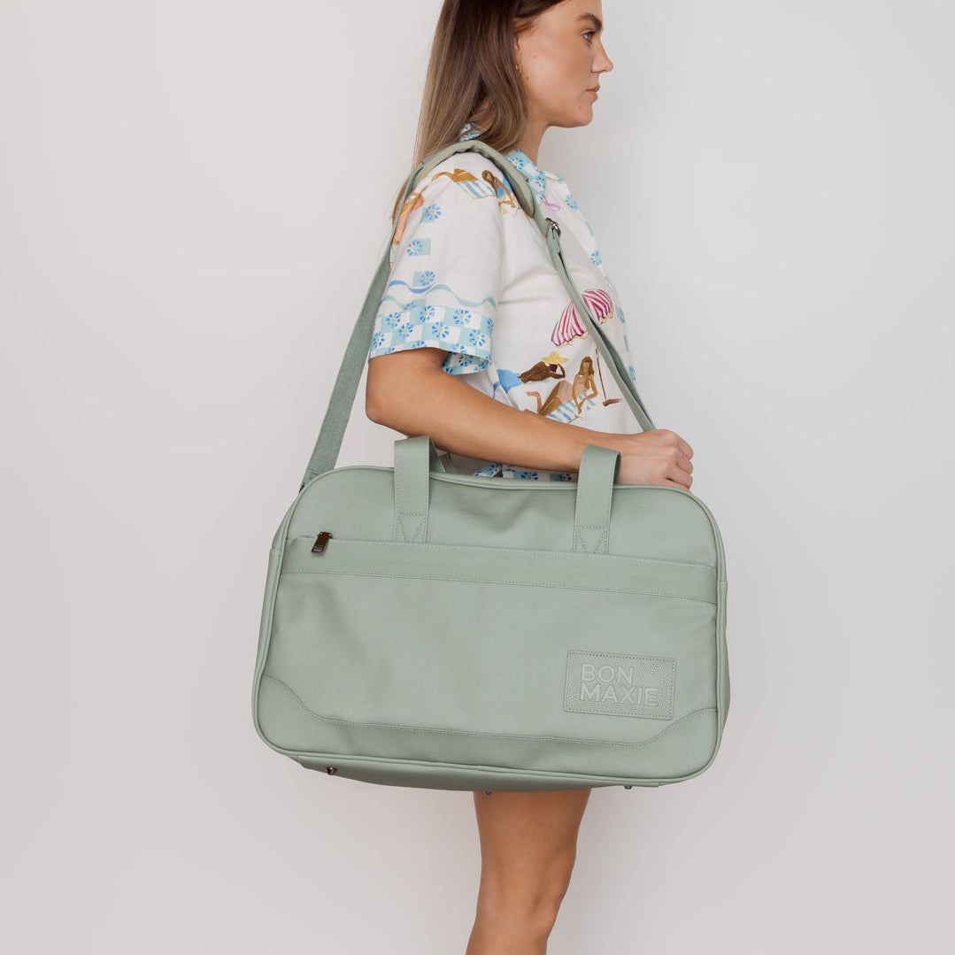 Bon Voyage Weekender Bag in coated canvas + leather - Sage