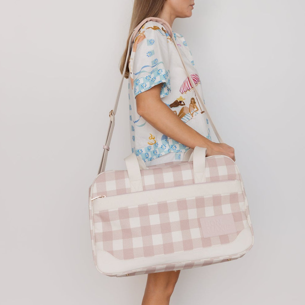 Bon Voyage Weekender Bag in coated canvas + leather - Milk Tea