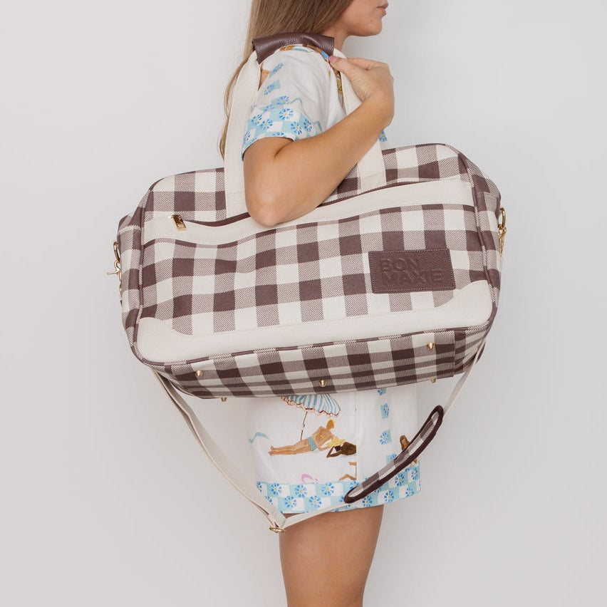 Bon Voyage Weekender Bag in coated canvas + leather - Chocolate Gingham