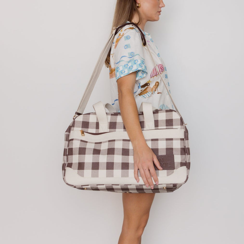 Bon Voyage Weekender Bag in coated canvas + leather - Chocolate Gingham