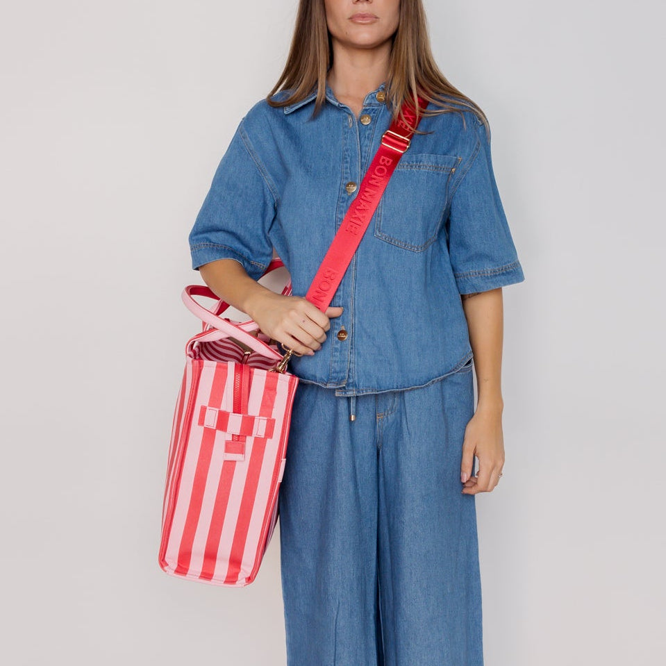 Large Structured Tote Bag in signature coated canvas - Pink/Red Stripe