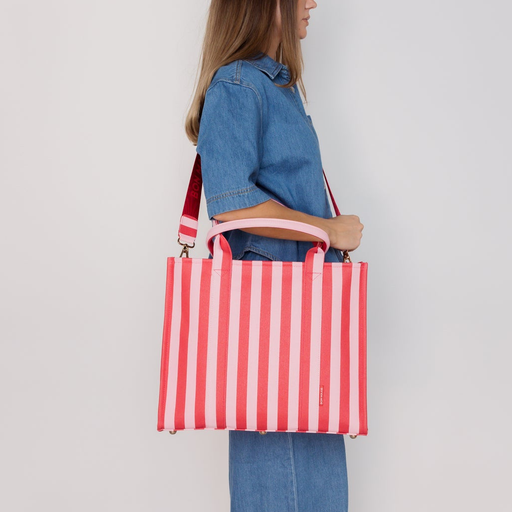 Large Structured Tote Bag in signature coated canvas - Pink/Red Stripe