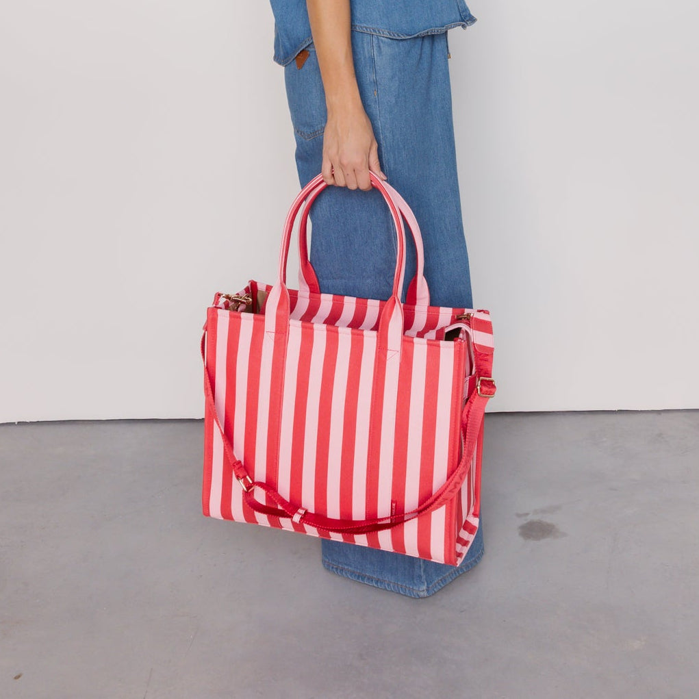 Large Structured Tote Bag in signature coated canvas - Pink/Red Stripe