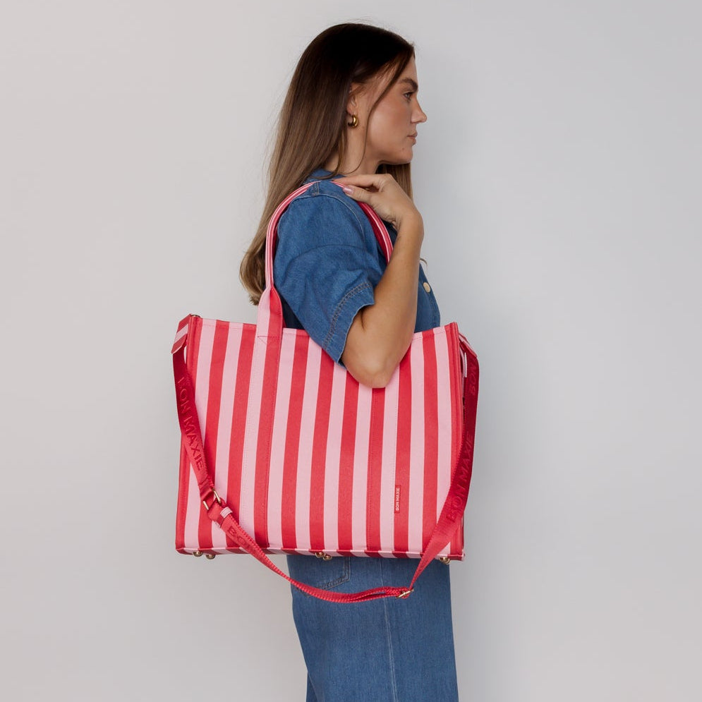 Large Structured Tote Bag in signature coated canvas - Pink/Red Stripe
