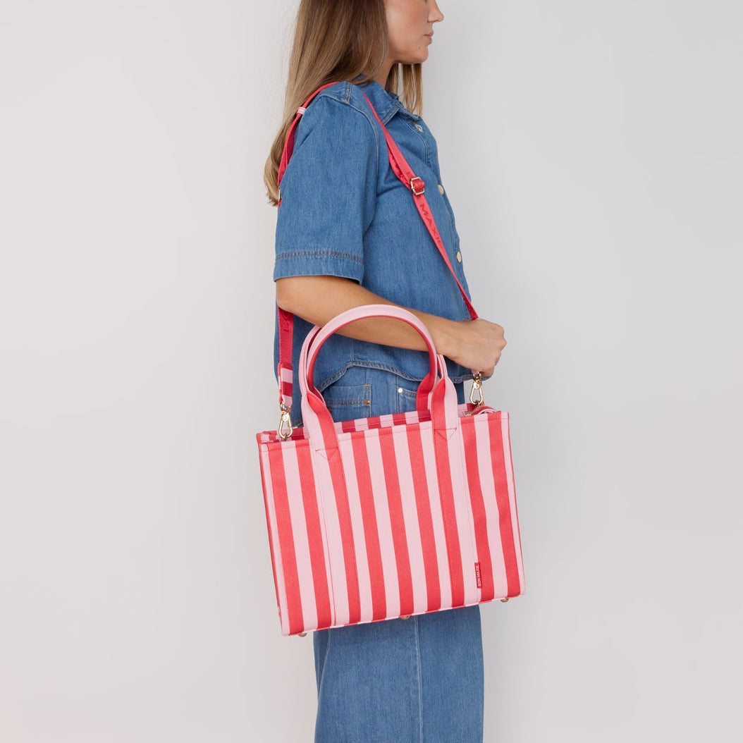 Small Structured Tote Bag in coated canvas - Pink/Red Stripe