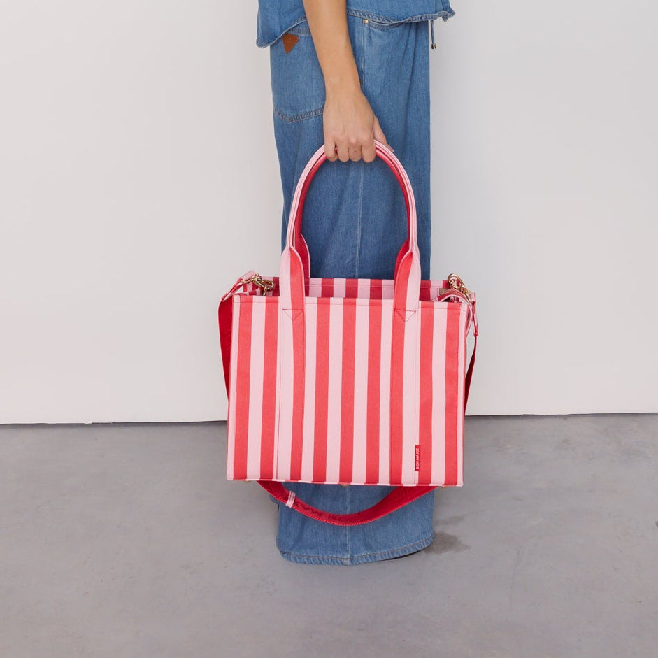 Small Structured Tote Bag in coated canvas - Pink/Red Stripe