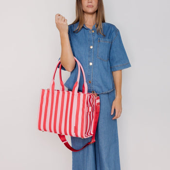 Medium Structured Tote - Pink/Red Stripe
