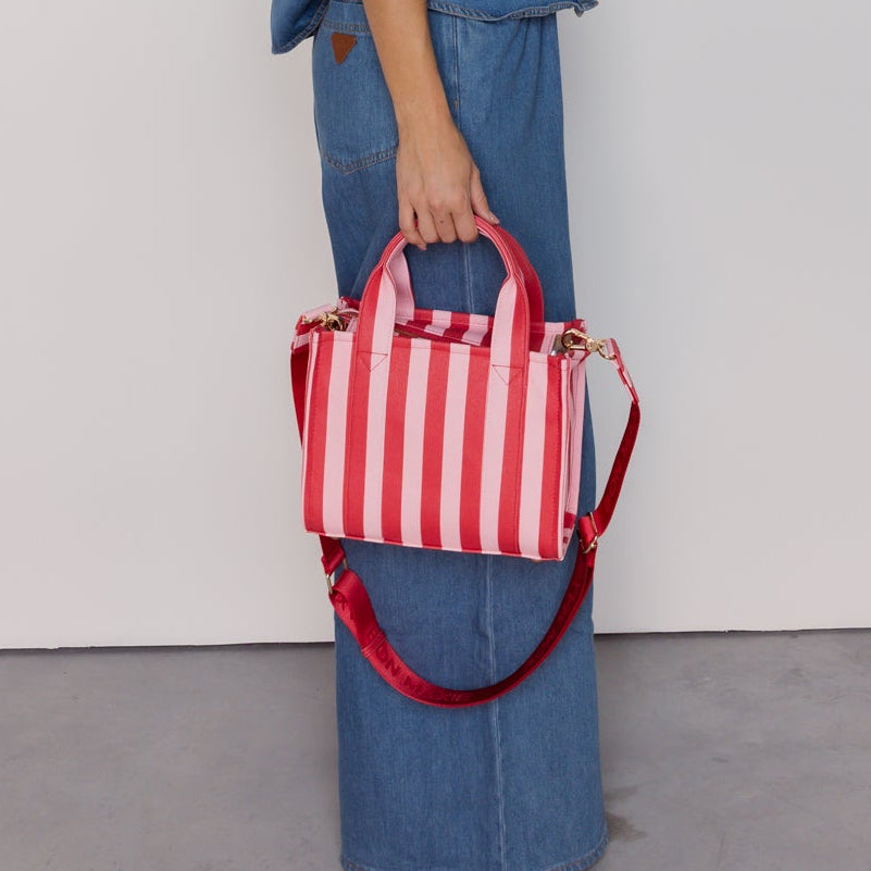 Micro Structured Tote Bag in coated canvas - Pink/Red Stripe