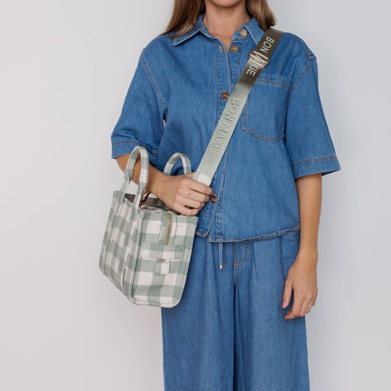 Micro Structured Tote Bag in coated canvas - Sage Gingham