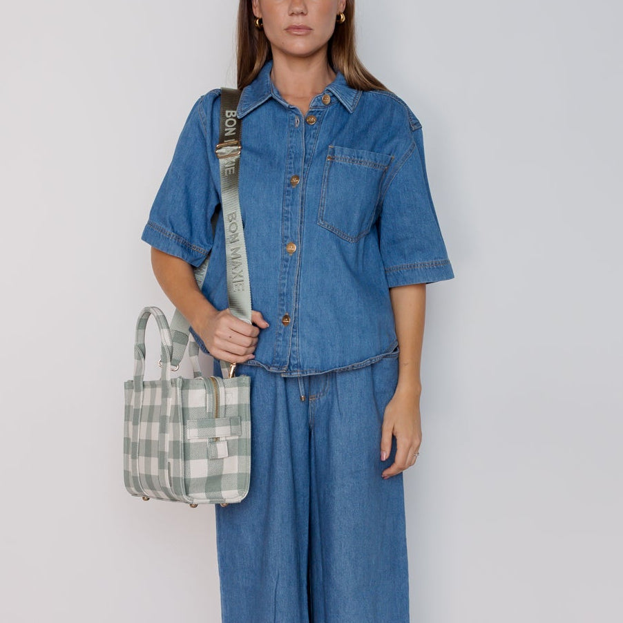 Micro Structured Tote Bag in coated canvas - Sage Gingham