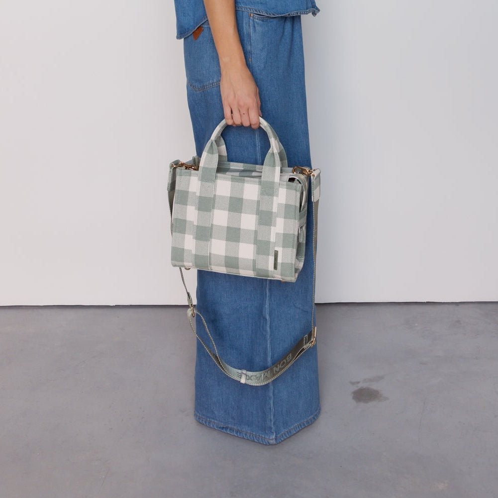 Micro Structured Tote Bag in coated canvas - Sage Gingham