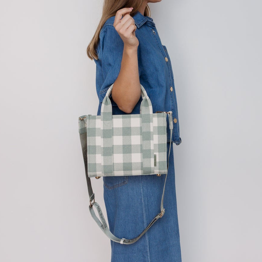 Micro Structured Tote Bag in coated canvas - Sage Gingham