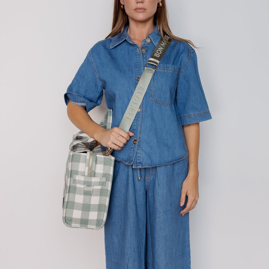 Small Structured Tote Bag in coated canvas - Sage Gingham